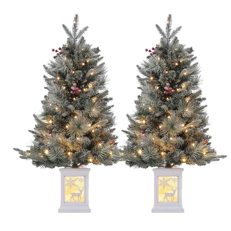 Merriva™ 2 Pack 3FT Faux Frost Christmas Tree with Snowflake Light Box Base with 70PCS UL Listed 8 Mode Warm White Light Beads, Red Berry