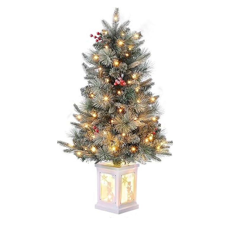 Merriva™ 2 Pack 3FT Faux Frost Christmas Tree with Snowflake Light Box Base with 70PCS UL Listed 8 Mode Warm White Light Beads, Red Berry