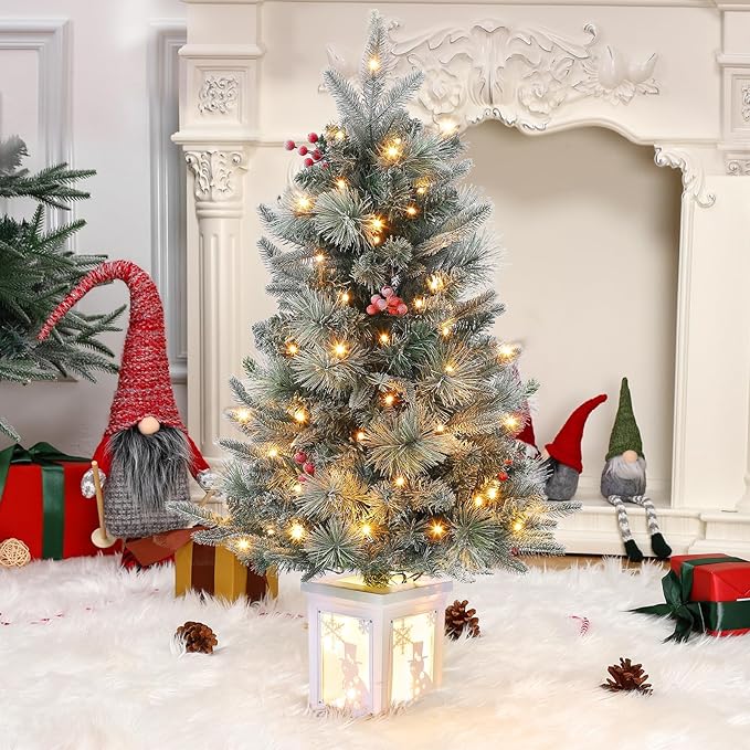 Merriva™ 2 Pack 3FT Faux Frost Christmas Tree with Snowflake Light Box Base with 70PCS UL Listed 8 Mode Warm White Light Beads, Red Berry