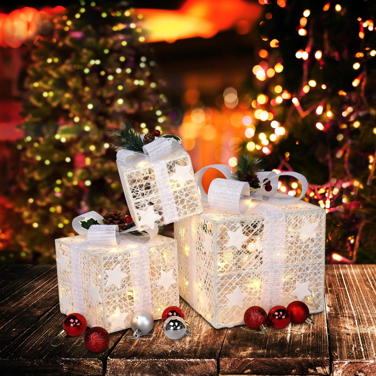 Set of 3 Christmas Lighted Gift Boxes Decorations, Seizeen Indoor Outdoor Xmas Decor with 60 Warm LED Lights, Home Room Garden Christmas Tree Decoration