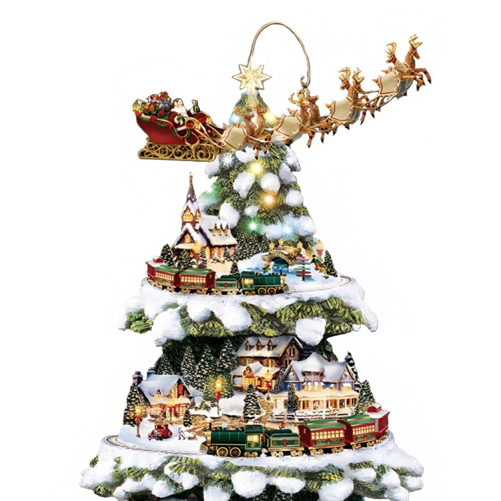 The Bradford Exchange Thomas Kinkade Wonderland Express Christmas Tree Decoration With Santa Sleigh Topper Lights Moving Train and Music With 8 Beloved Xmas Carols 16"-Inches
