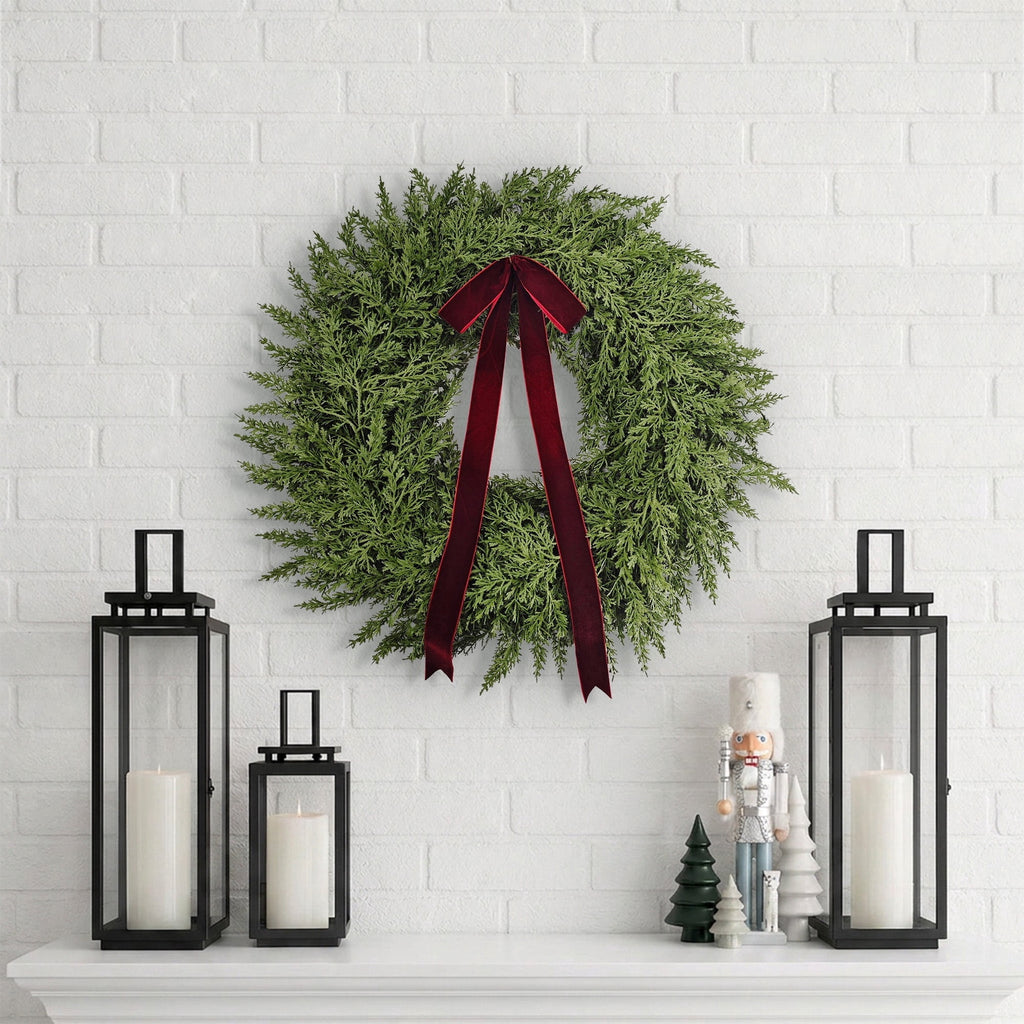  Natural Feel Cedar Artificial Christmas Wreath with Bow, Green, 22"