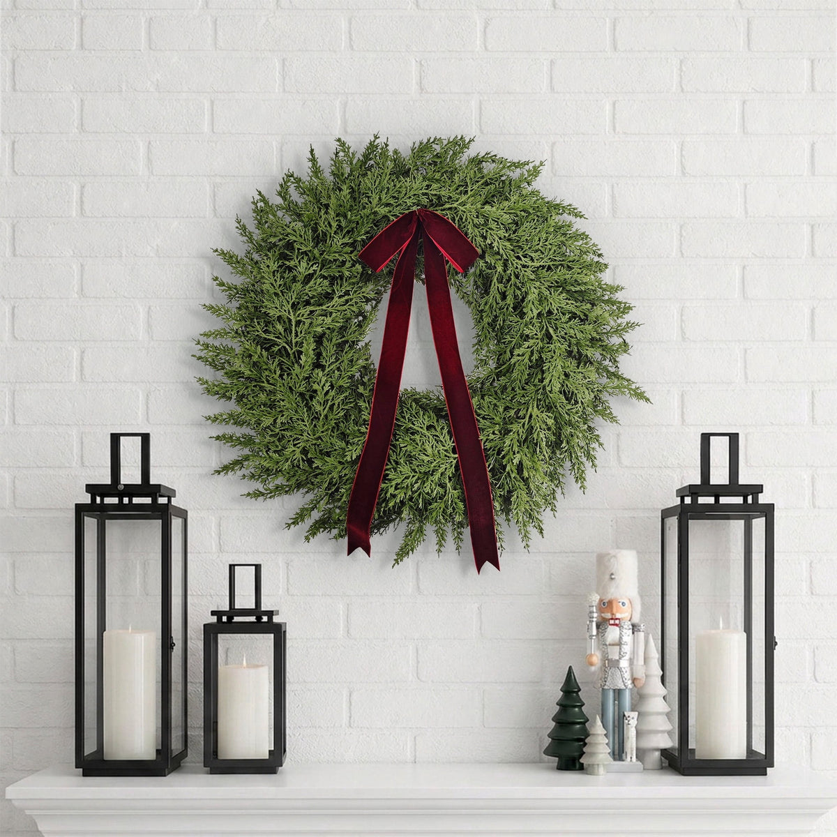  Natural Feel Cedar Artificial Christmas Wreath with Bow, Green, 22"