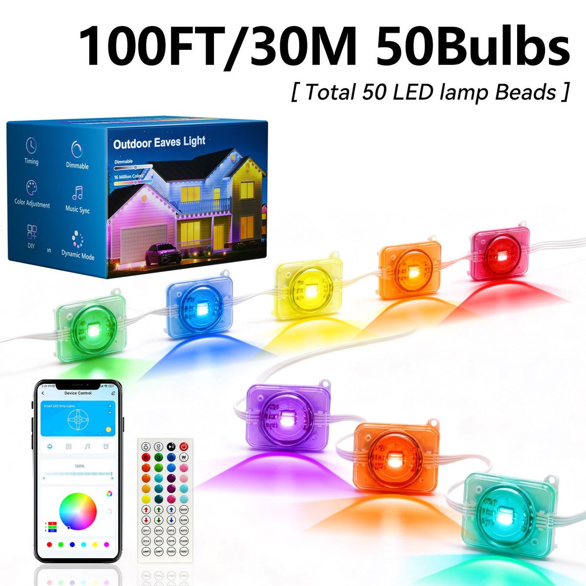 GUPUP 100ft Permanent Outdoor Lights for House, 50 RGB Waterproof LED String Lights, Remote/APP Control Eave Lights for Roof Patio Party Decor