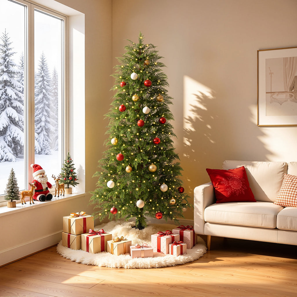  7.5' Pre-Lit Green Cypress Artificial Christmas Tree with 500 Warm White Twinkle LED Lights, Full-Bodied Xmas Tree with Metal Stand, Indoor Holiday Decoration