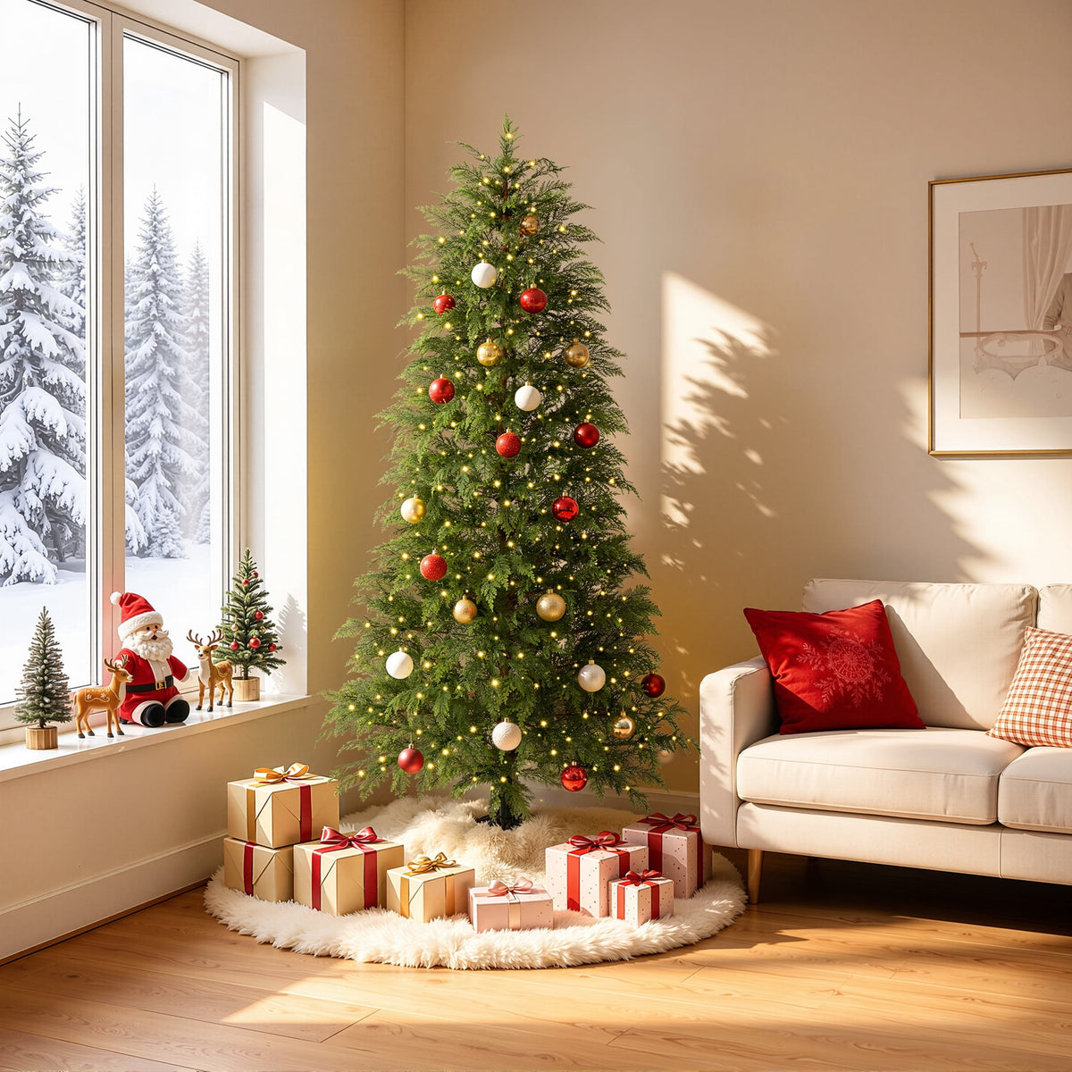  7.5' Pre-Lit Green Cypress Artificial Christmas Tree with 500 Warm White Twinkle LED Lights, Full-Bodied Xmas Tree with Metal Stand, Indoor Holiday Decoration