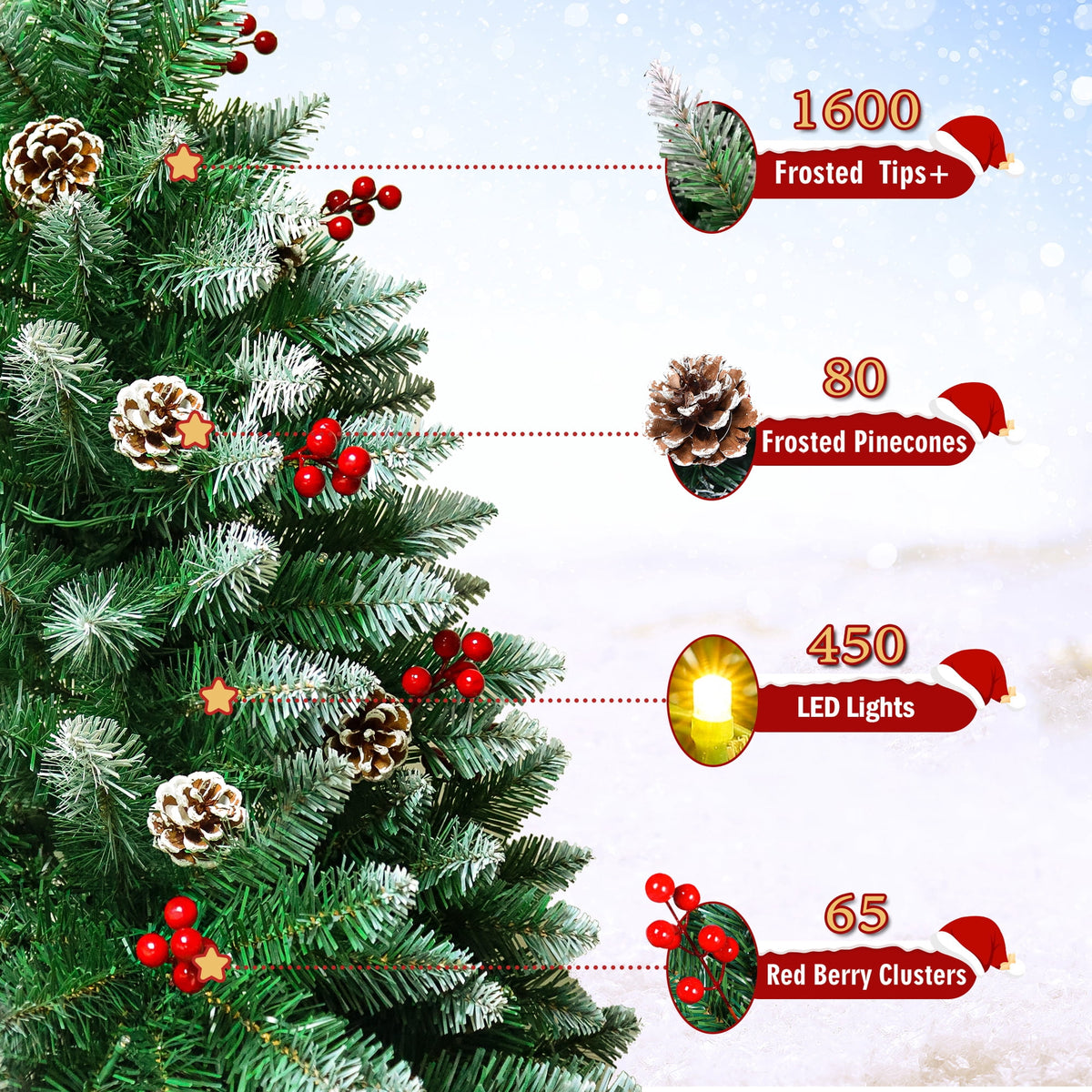 Yexmas 7.5FT Pre-Lit Christmas Tree with Pinecones and Red Berries,Artificial Green Xmas Tree with Large Storage Bag for Home, Office, Party Decoration