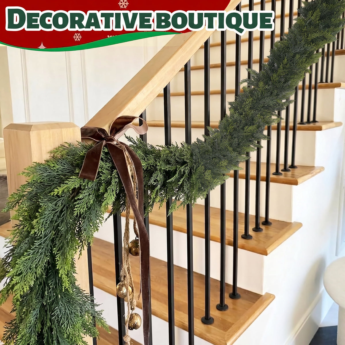 -2Pcs 9 FT Artificial Cedar Garlands, Real Touch Winter Cedar Pine Garland, Green Artificial Greenery Garland for Table, Mantle, Wall, Indoor, Outdoor Christmas Decorations