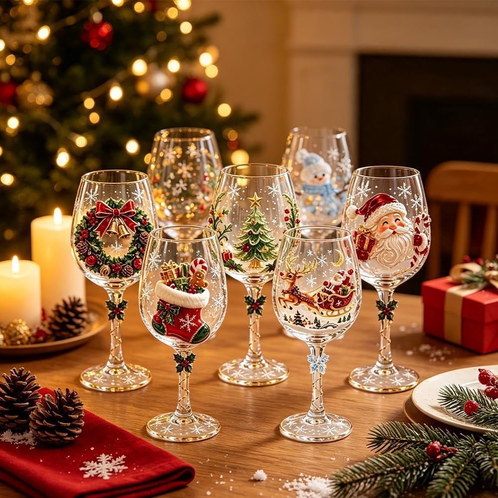 Christmas 3D Wine Glass Collection Gift Box Set, 3D Santa Christmas Wine Glass, Raised Holiday Goblet with Snowflake Decor, Festive Glassware for Wine, Cocktails, Holiday Party & Table Decor