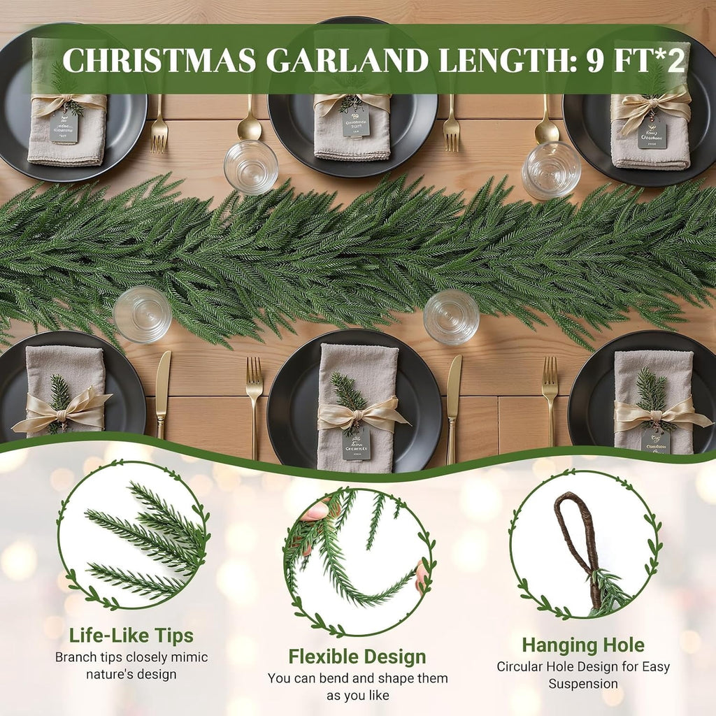 2Pcs 9FT Real Touch PE Christmas Garland, Artificial Norfolk Pine Garland for Mantel, Stair Railing, Christmas Tree, Xmas Decoration for Indoor & Outdoor, Green