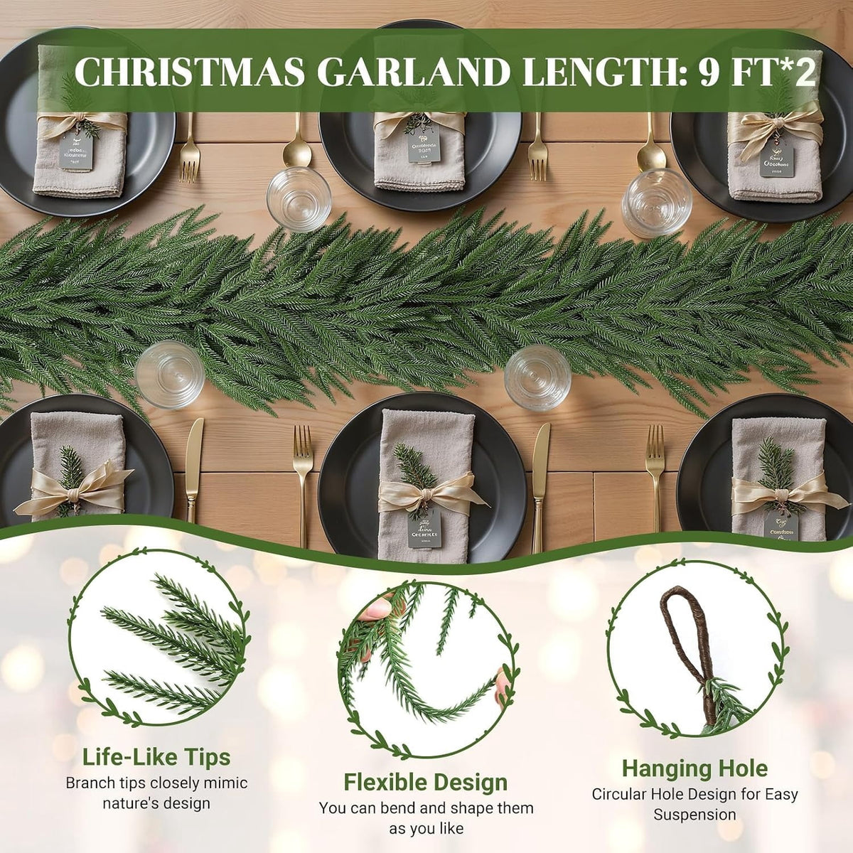  2Pcs 9FT Real Touch PE Christmas Garland, Artificial Norfolk Pine Garland for Mantel, Stair Railing, Christmas Tree, Xmas Decoration for Indoor & Outdoor, Green