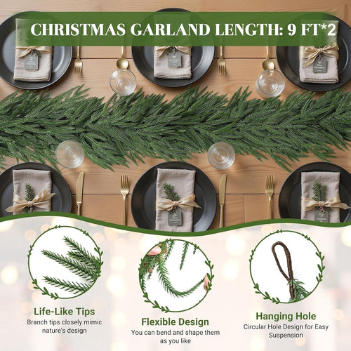  2Pcs 9FT Real Touch PE Christmas Garland, Artificial Norfolk Pine Garland for Mantel, Stair Railing, Christmas Tree, Xmas Decoration for Indoor & Outdoor, Green