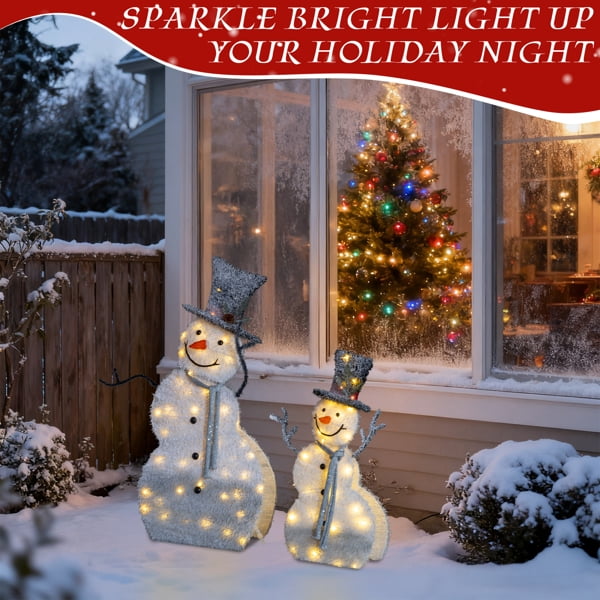 2-Pack Lighted Snowman Christmas Decorations, 80 Warm White LEDs, Sparkling Tinsel Fabric, Collapsible for Indoor or Outdoor Use