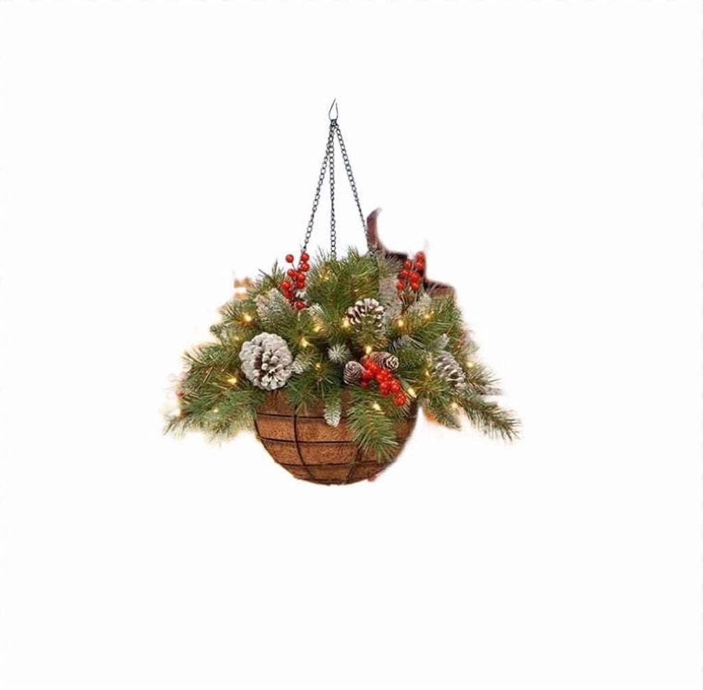 Chanana 2026New Pre-Lit Artificial Christmas Hanging Basket, Outdoor Decoration with Pine Red Berries Pinecones, Festive Planter LED Lights for Porch, Front Door, Home, Garden, Patio, Lawn (2PC)