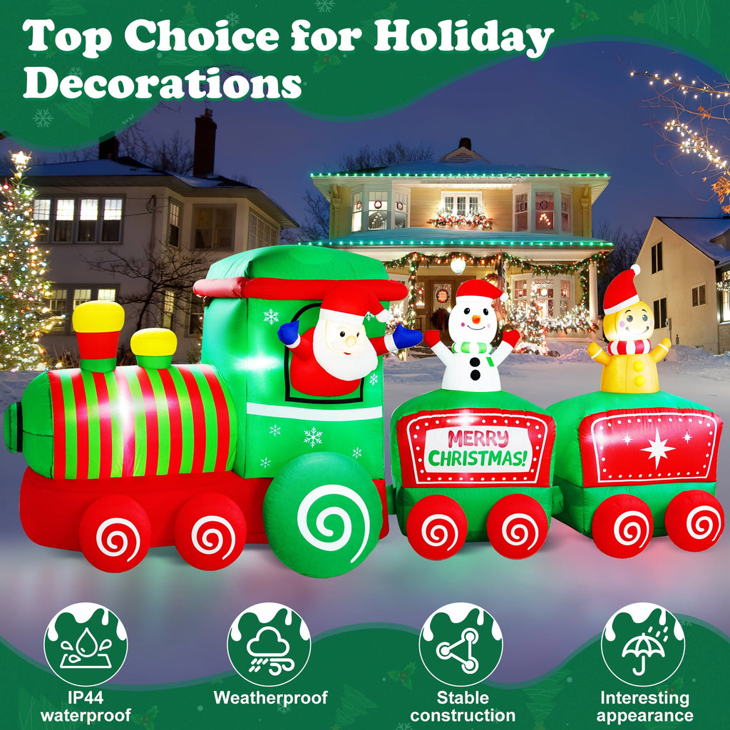 Yexmas 12FT Christmas Inflatable Train, Blow up Yard Decor Built-in LED Lights with Santa Snowman Gingerbread Man for Holiday Christmas Party Yard Garden and Lawn