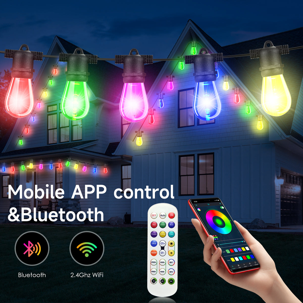 VOLIVO Outdoor String Lights, 48ft RGBIC Patio Lights with 20 Bulbs, Waterproof Shatterproof, Remote & App Control, for Garden Christmas Decor