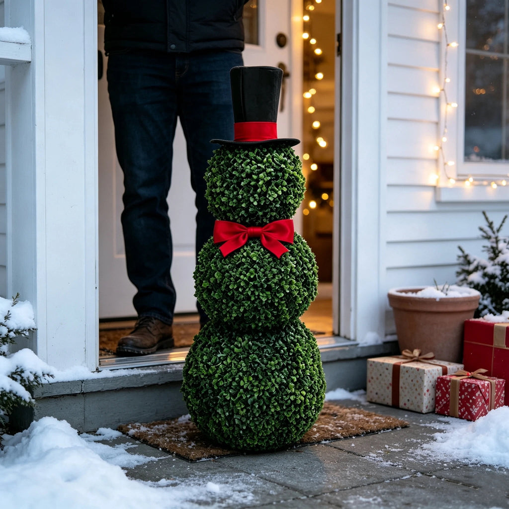 2 Pack Snowman Topiary Christmas Decoration, Artificial Boxwood Snowman Tree, Christmas Decor Indoor Outdoor, 32"