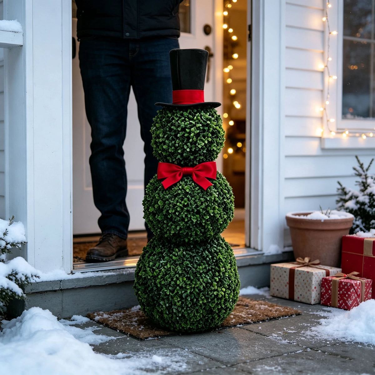 2 Pack Snowman Topiary Christmas Decoration, Artificial Boxwood Snowman Tree, Christmas Decor Indoor Outdoor, 32"