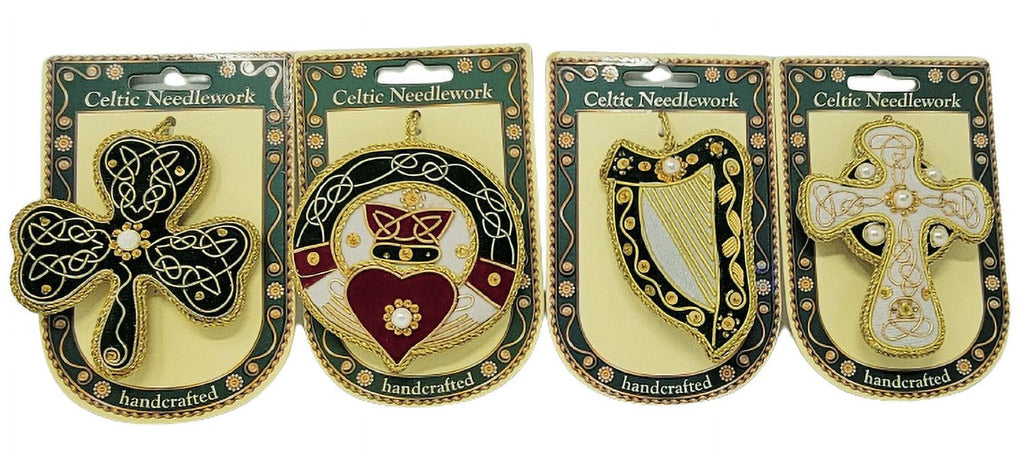 Irish Hanging Christmas Tree Ornaments Velvet Decoration Set 4pcs- Gold Thread Celtic Interlacing - Christmas Luxurious Collection