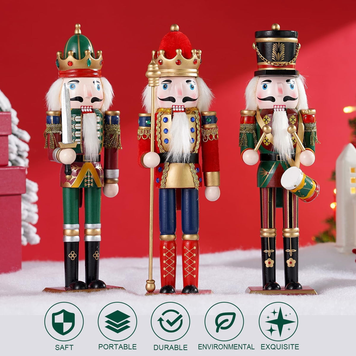 TJT 3Pcs Nutcracker Decorations Set, Wooden Nutcracker Soldier Christmas Ornaments Collectible Xmas Figures Decor Gift Indoor, 12 inch, Green Red