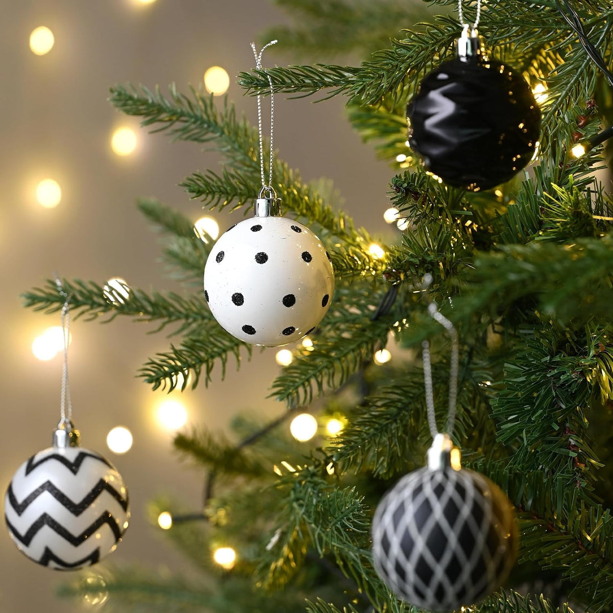 Valery Madelyn Christmas Ornaments Tree Decorations Indoor, 30ct 2.36 Inch Shatterproof Black and White Party Decorative Hanging Ornaments Set for Xmas Holiday Decor