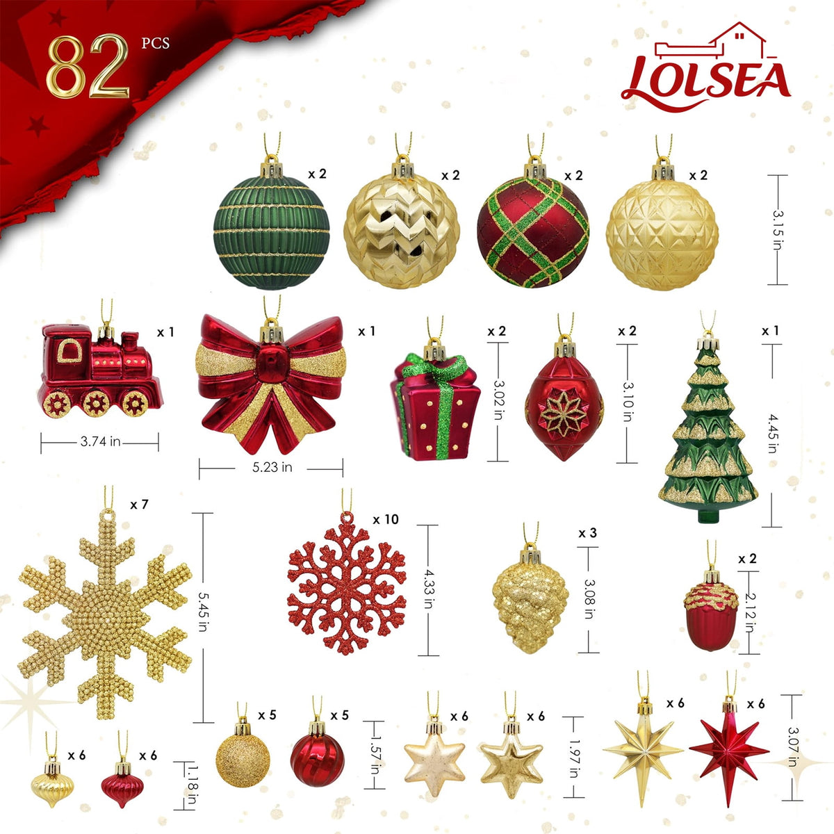  82pcs Christmas Balls Ornaments Set, Shatterproof Plastic Decor for Xmas Tree with Hanging Strings, Gold & Red & Green