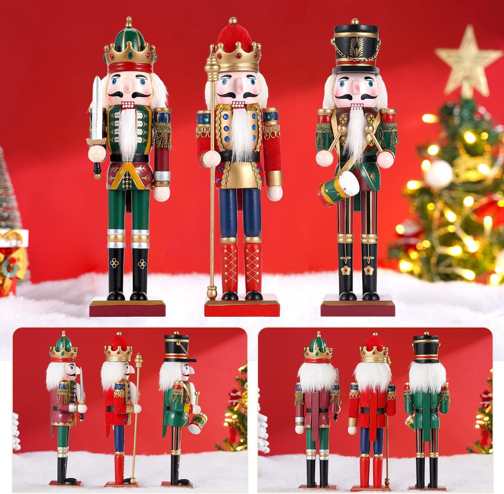 TJT 3Pcs Nutcracker Decorations Set, Wooden Nutcracker Soldier Christmas Ornaments Collectible Xmas Figures Decor Gift Indoor, 12 inch, Green Red