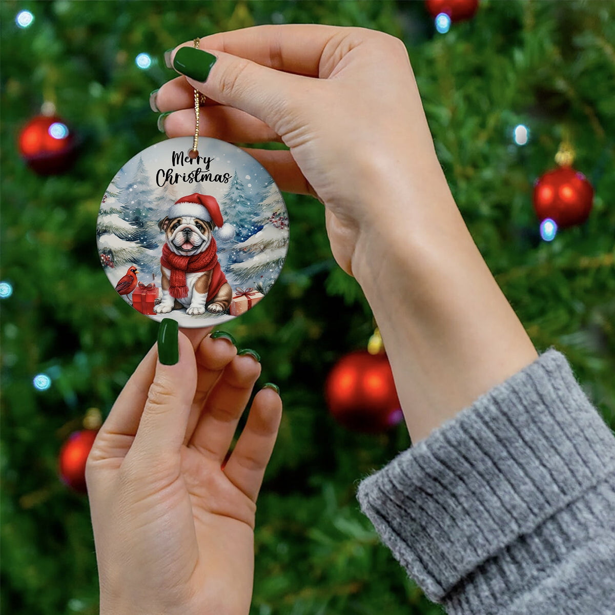 Merry Christmas Bulldog Enjoys Woofmas Winter Xmas Holiday Ceramic Round Ornament Dog Lover Gifts Idea Home Tree Decor - 02022