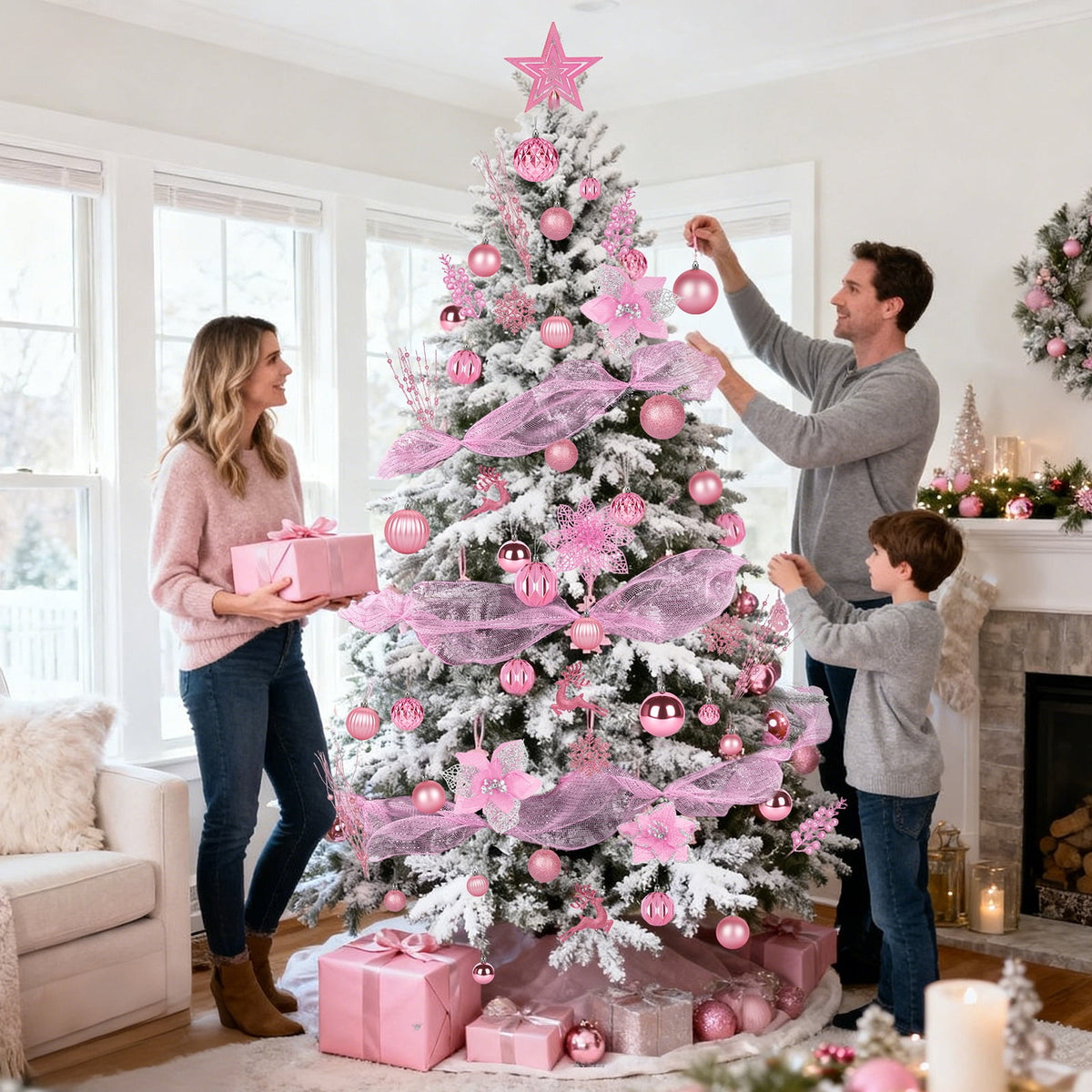 Leyaron Christmas Tree Ornaments, 105PCS Christmas Balls Set with Star Poinsettia Flower Berries Stems for Trees Holiday Xmas Decor, Pink