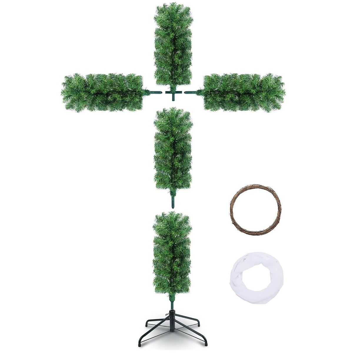  6Ft Cross Christmas Tree,Foldable Cross Christmas Tree,Christmas Tree Shaped Like a Cross,Pre-Lit Artificial Pine Christmas Cross,with 50 LED Light and Silk Scarf Wood Rattan Ring