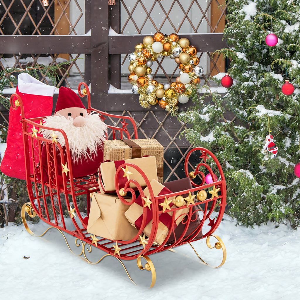 Gymax Christmas Metal Sleigh Large Red Santa Sleigh Decoration w/ Big Loading Area for Gifts