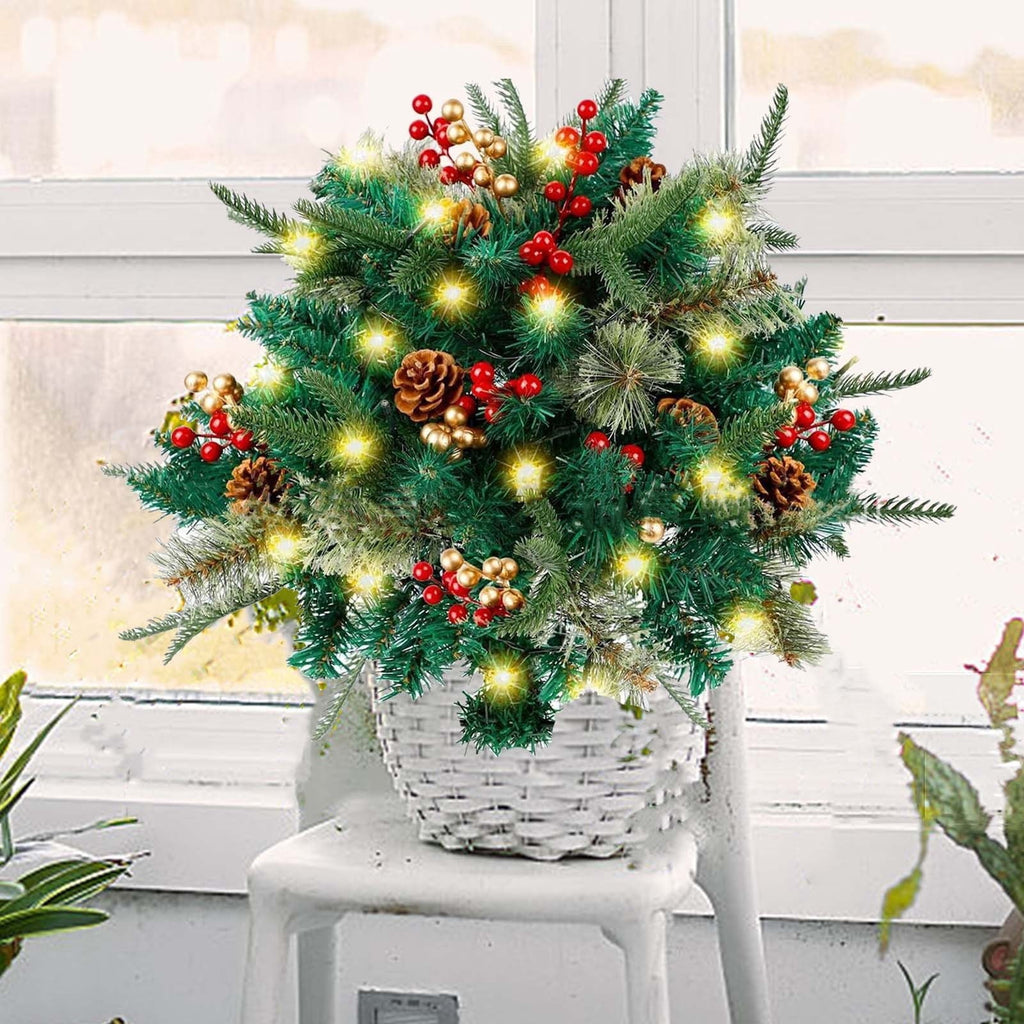  2 Pack Lighted Artificial Christmas Urn Filler, Battery Operated Pre-lit Xmas Pine Trees, Tripod Stake and 20 LED Lights, Holiday Porch Decorations for Porch, Yard, Garden(B)