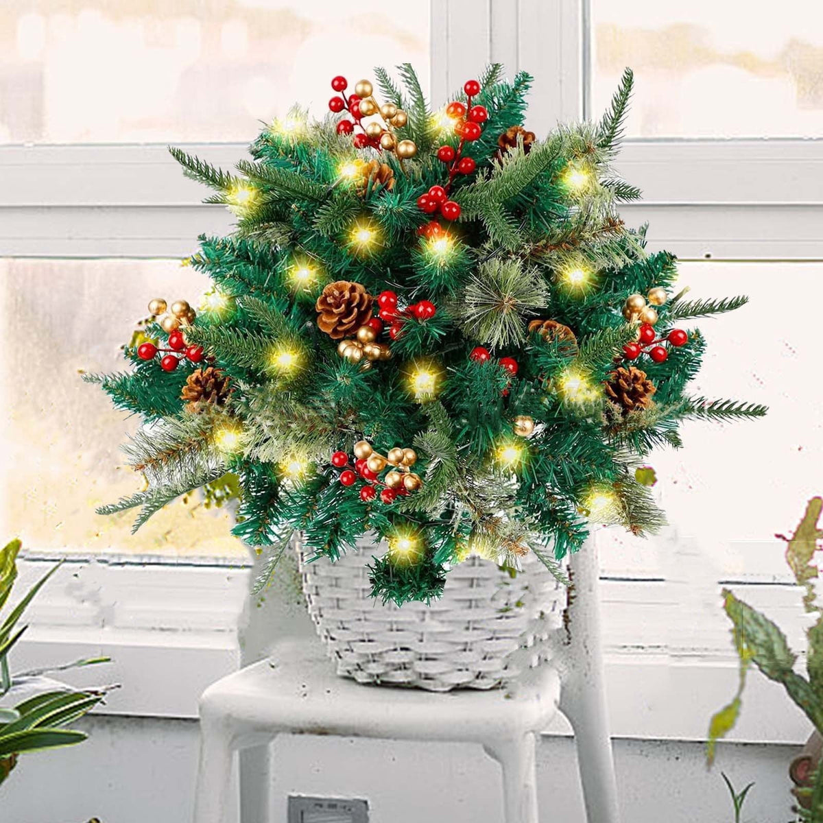  2 Pack Lighted Artificial Christmas Urn Filler, Battery Operated Pre-lit Xmas Pine Trees, Tripod Stake and 20 LED Lights, Holiday Porch Decorations for Porch, Yard, Garden(B)