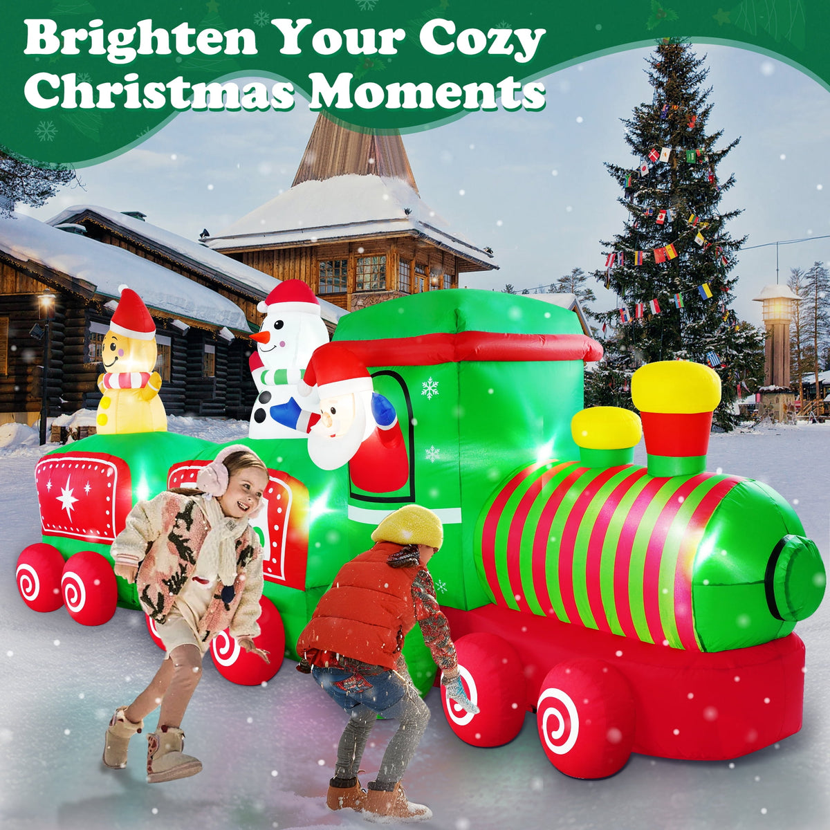 Yexmas 12FT Christmas Inflatable Train, Blow up Yard Decor Built-in LED Lights with Santa Snowman Gingerbread Man for Holiday Christmas Party Yard Garden and Lawn