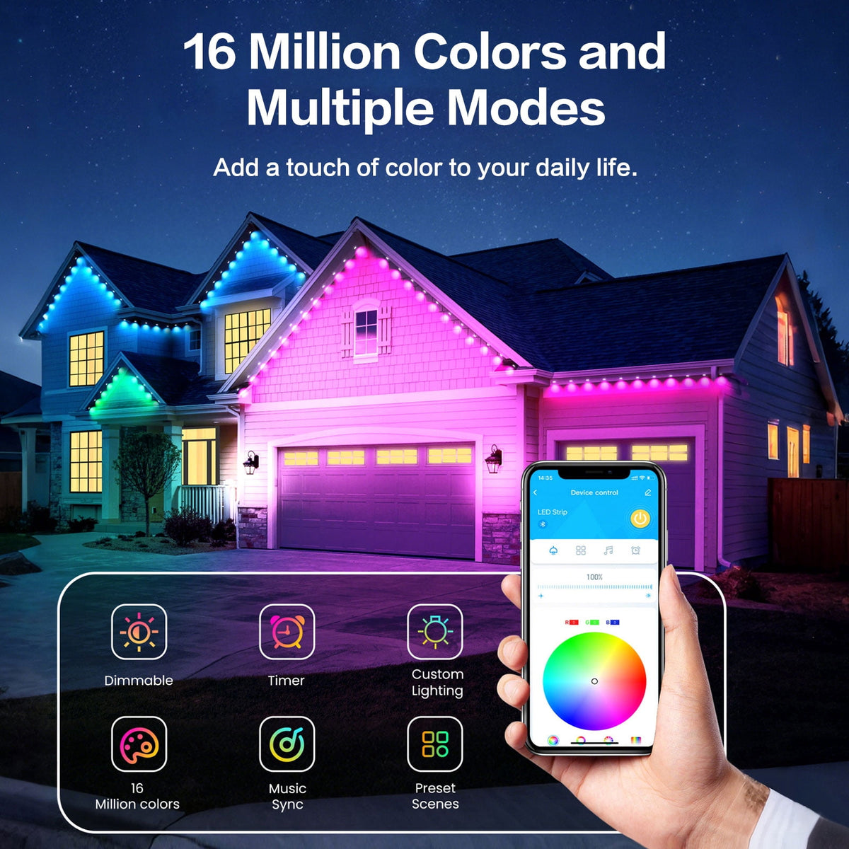 GUPUP 100ft Permanent Outdoor Lights for House, 50 RGB Waterproof LED String Lights, Remote/APP Control Eave Lights for Roof Patio Party Decor