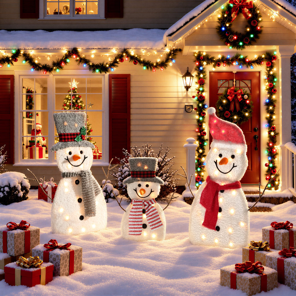 DEORAB Outdoor Christmas Lighted Snowman Decorations 2D 3-Piece Holiday Garden Lawn Yard Light-up Xmas Decor,70LED Lights