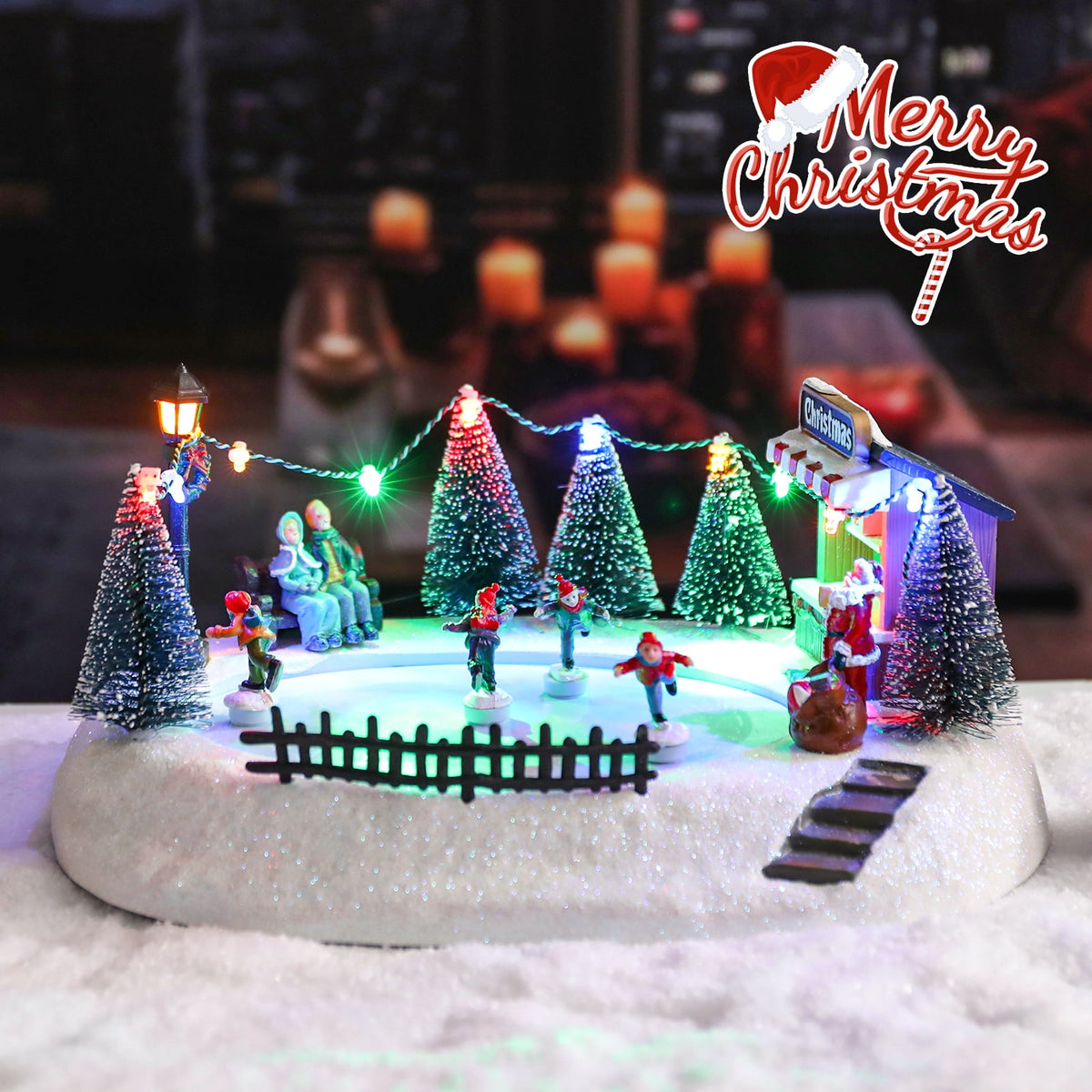 Christmas Village-Christmas Village Skating House Figurines Christmas Skiing Decor,Christmas Home Decoration Snow Globe Multicolor Lighted with Music X-Large
