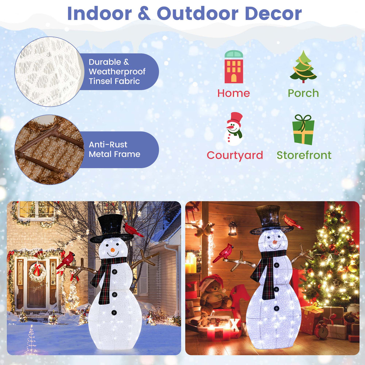 Costway 4.2 FT Pre-Lit Snowman & Redbirds Christmas Decoration with LED Lights Holiday
