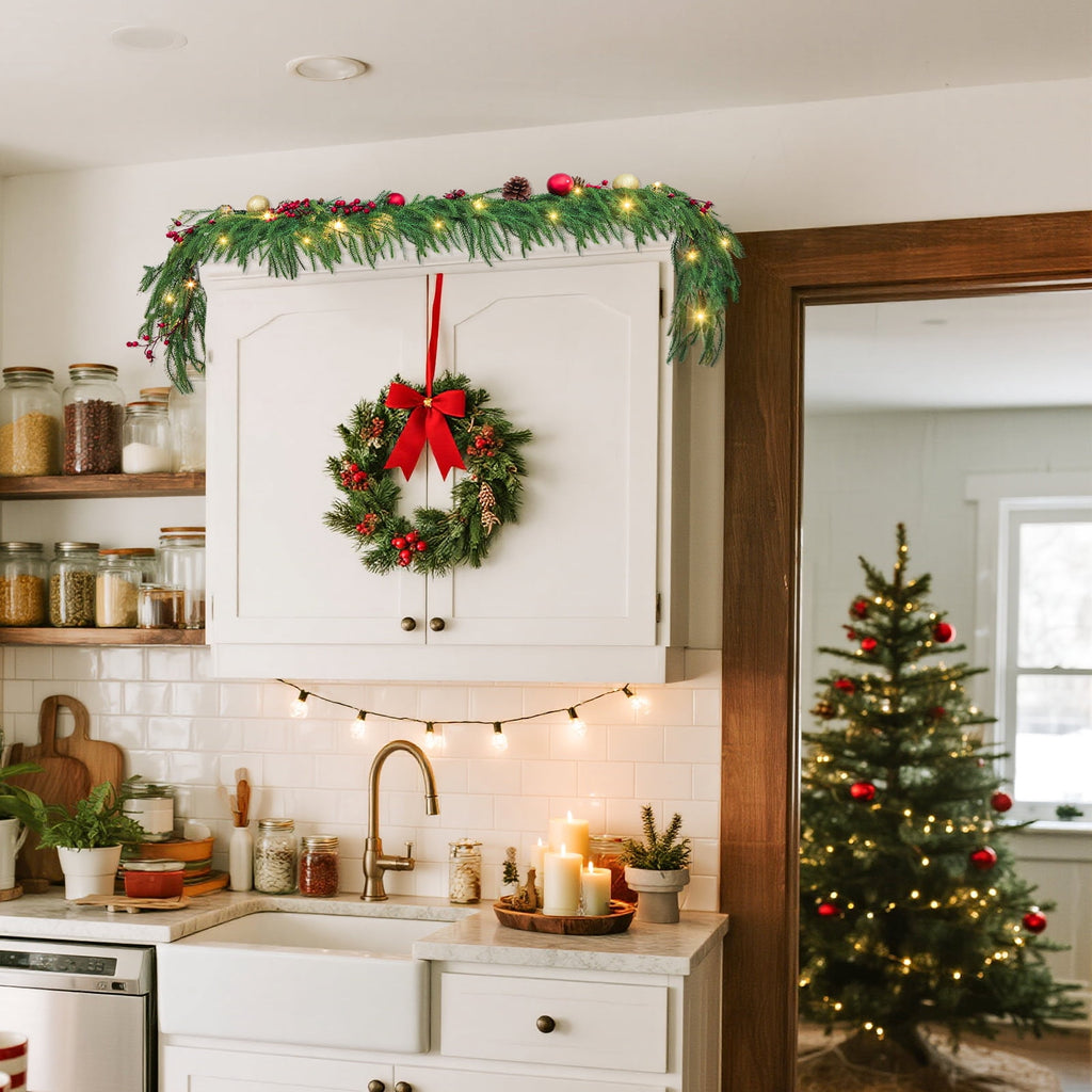 9 ft Artificial Norfolk Pine Garland with LED Lights, Dense Faux Greenery Garland for Holiday Mantle, Table, Wall, Indoor Outdoor Decor