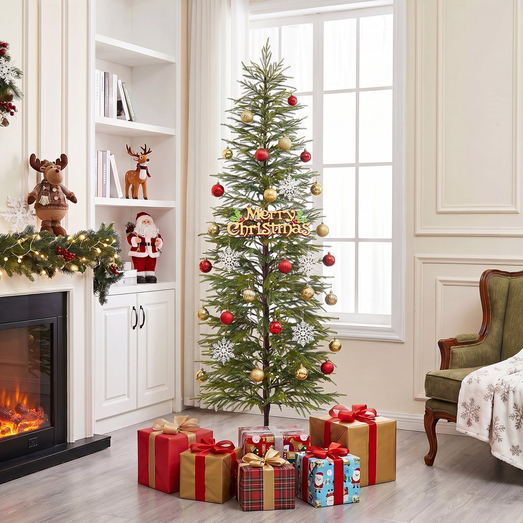  6' Green Cypress Artificial Christmas Tree, Pencil Xmas Tree with Foldable Metal Stand, Easy Assembly Indoor Large Room Holiday Decor