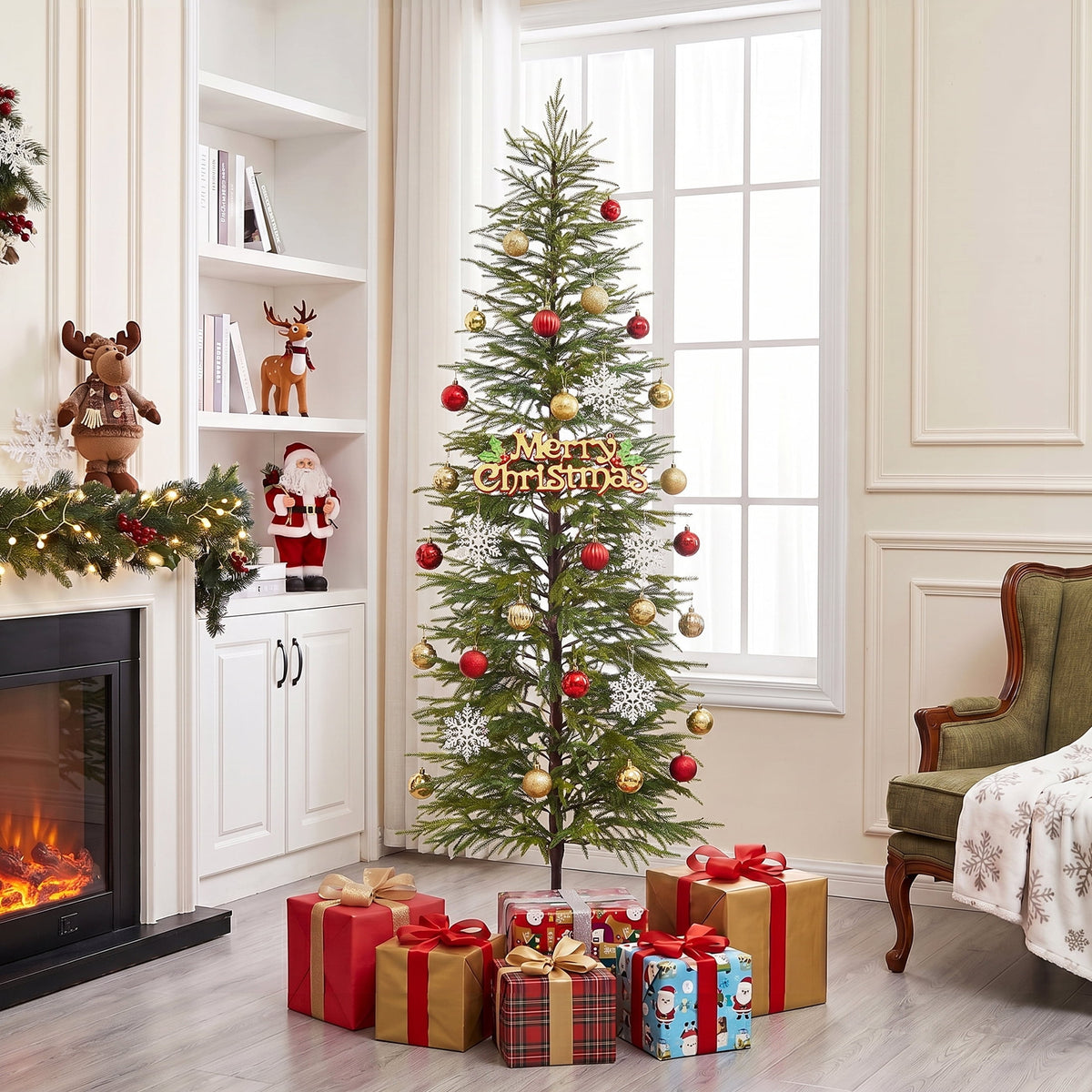  6' Green Cypress Artificial Christmas Tree, Pencil Xmas Tree with Foldable Metal Stand, Easy Assembly Indoor Large Room Holiday Decor