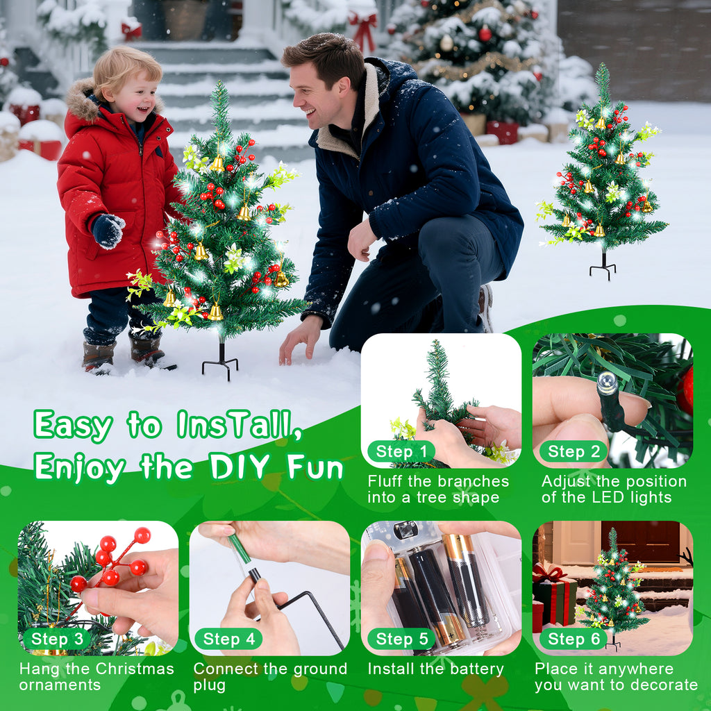 Qoosea 2 pack Christmas Decorations Outdoor, 30 inch Christmas Tree Stake Lights, 40 LED Lights Xmas Decorations for Outside Holiday Yard Porch Pathway Grave Cemetery Decor