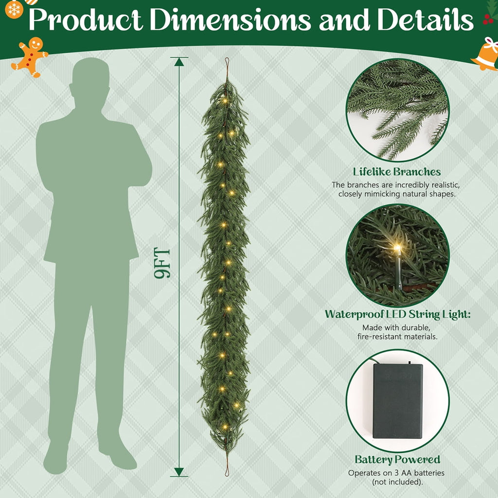 9 ft Artificial Norfolk Pine Garland with LED Lights, Dense Faux Greenery Garland for Holiday Mantle, Table, Wall, Indoor Outdoor Decor
