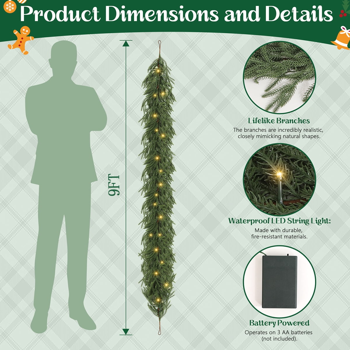 9 ft Artificial Norfolk Pine Garland with LED Lights, Dense Faux Greenery Garland for Holiday Mantle, Table, Wall, Indoor Outdoor Decor