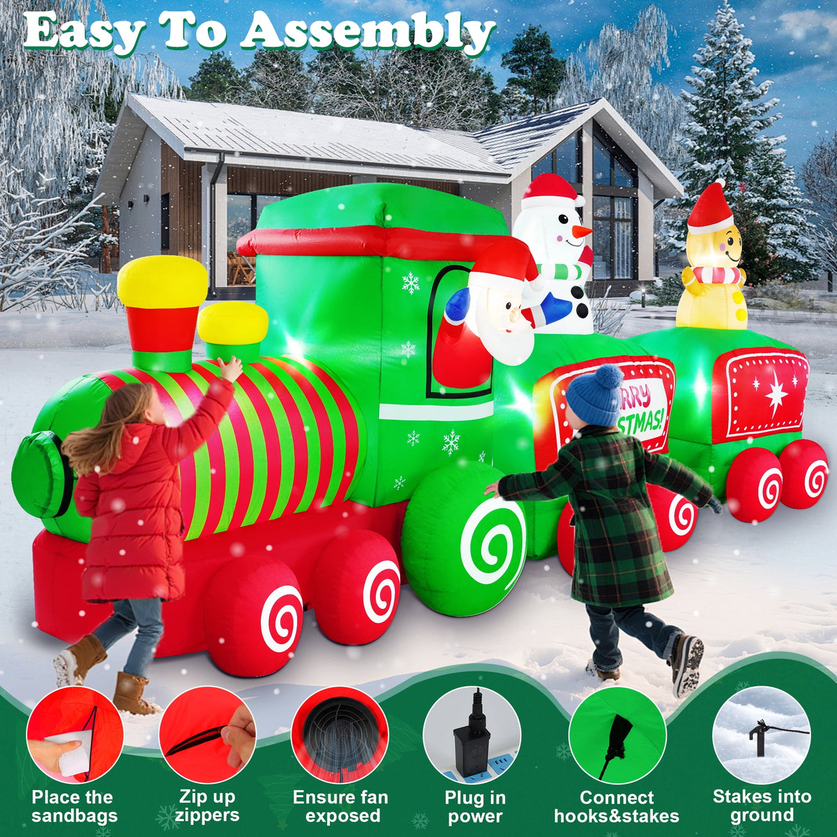Yexmas 12FT Christmas Inflatable Train, Blow up Yard Decor Built-in LED Lights with Santa Snowman Gingerbread Man for Holiday Christmas Party Yard Garden and Lawn