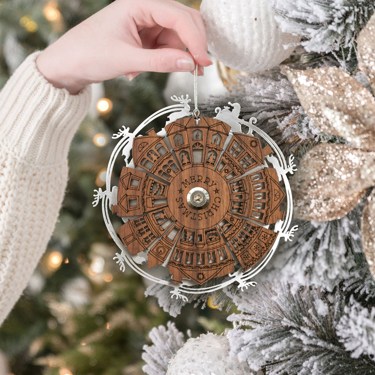 Inspired Indigo Handmade Ornaments for Christmas Tree with Motion, Santa and Reindeer Spin Around Town, Winter Holiday Hanging Decor, Wood and Metal, Unique Magical Gift, Fun for Kids and Grandkids