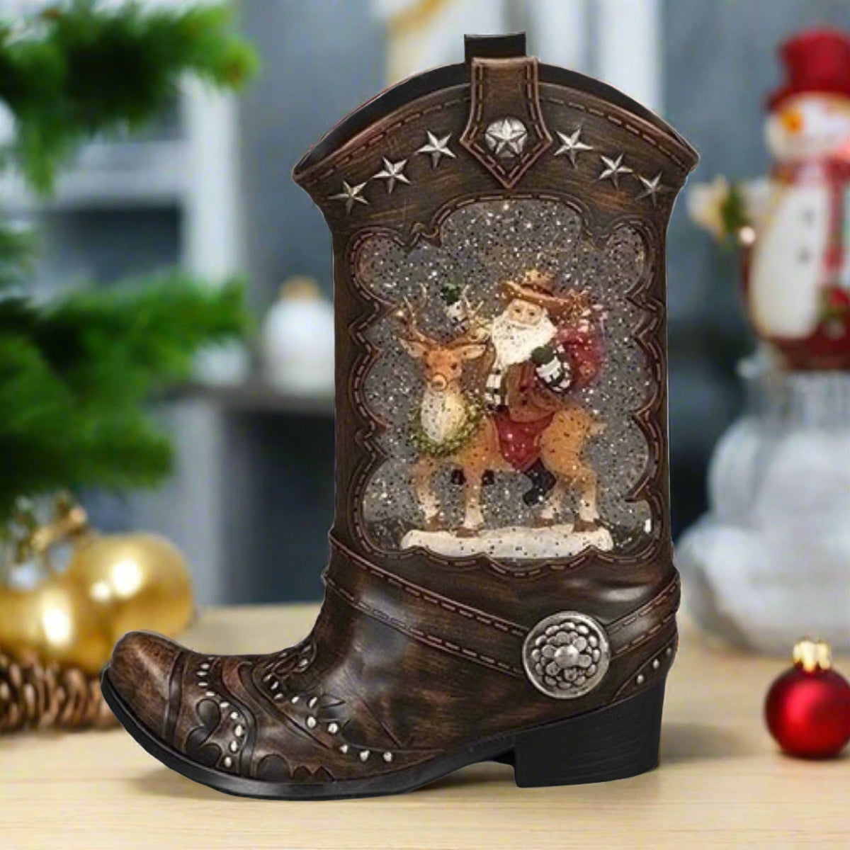Roman 10 Inch H Lighted Swirl Boot Santa Riding Deer, Christmas Decoration