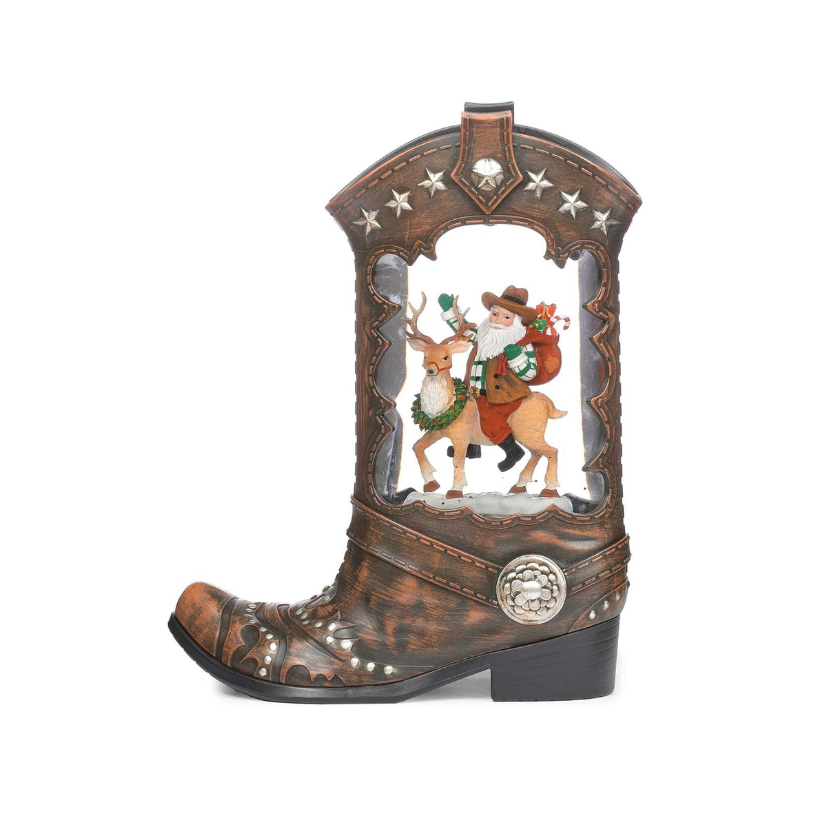 Roman 10 Inch H Lighted Swirl Boot Santa Riding Deer, Christmas Decoration