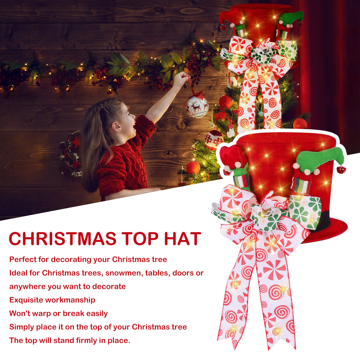 Christmas Tree Decoration Hat, Big Red Hat Decoration Hat, Family Christmas Holiday Winter Decoration With Lights