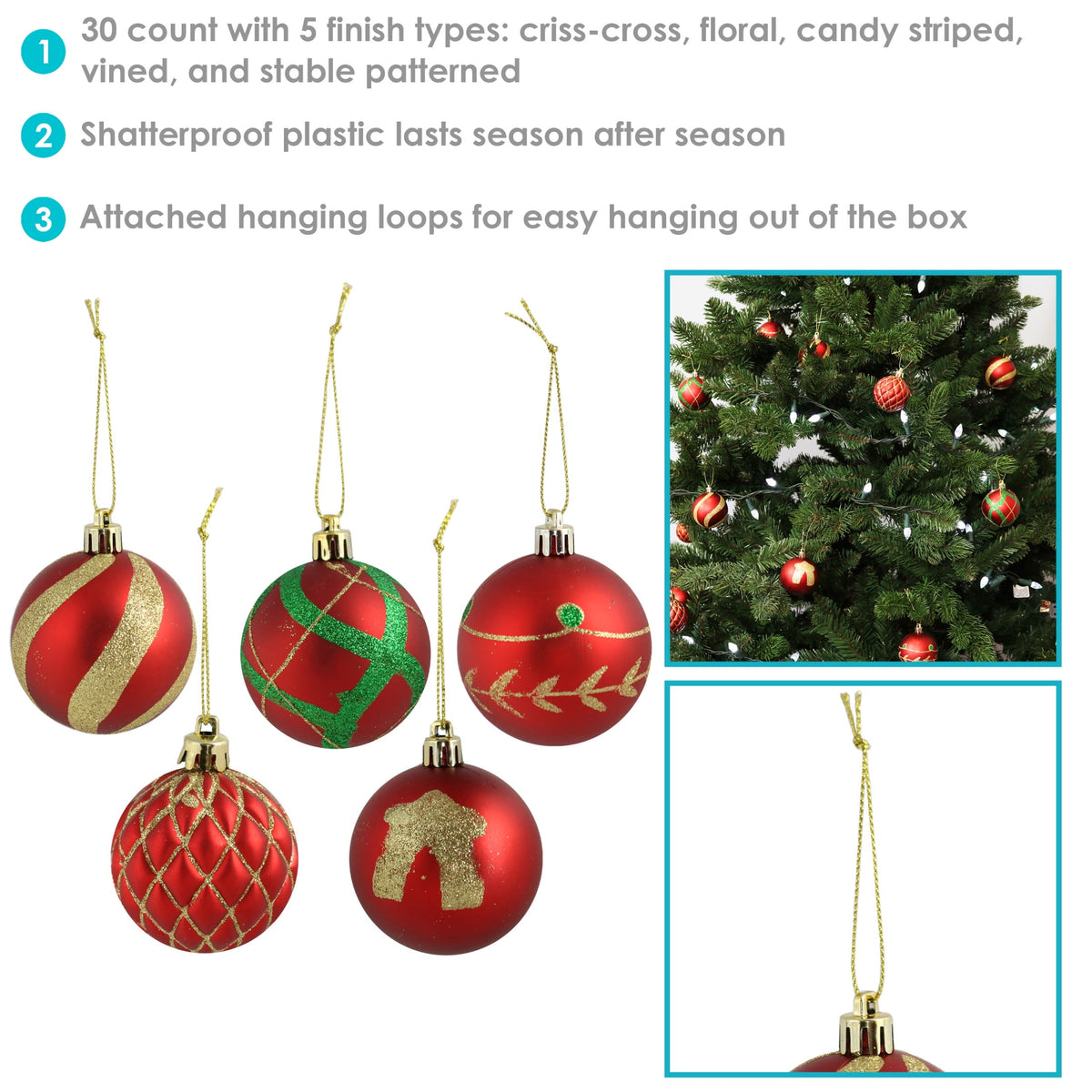 Sunnydaze Holiday Glitter Red/Gold Plastic Christmas Ornament Balls, 30 Count